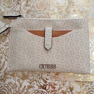 Guess Logo Rhinestone Beige Cream Tan Clutch Wallet Wristlet Purse Bag 6x9
